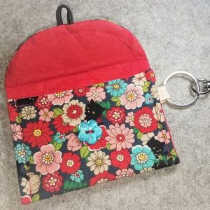 Fabric card case holder red kitty cat flowers OOAK